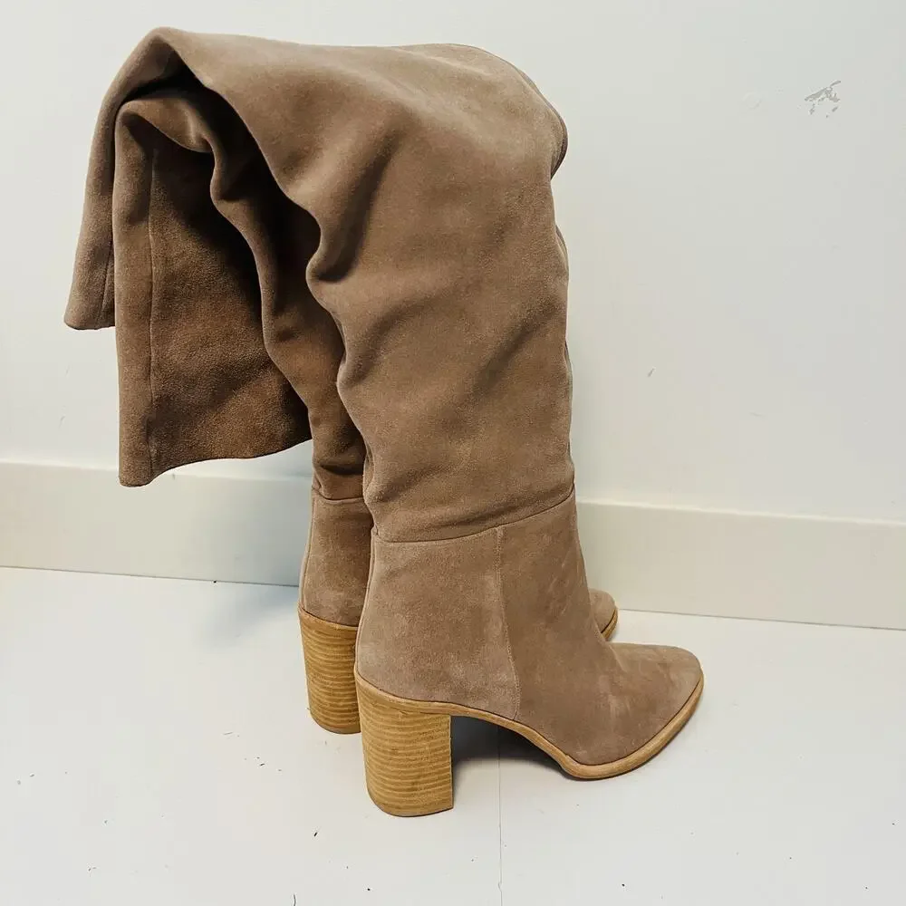Jeffrey Campbell Boots Womens 11 Beige Suede Over Knee Slouch Block Heel Shoes
